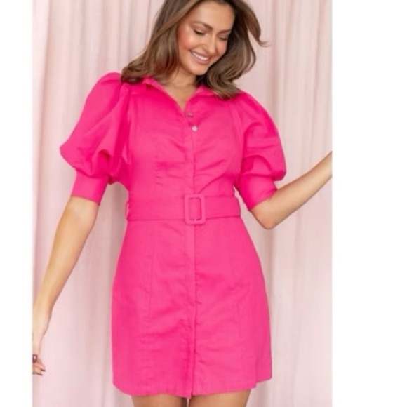Petal & Pup Hannah Linen Blend Mini Dress Button Front Hot Pink Size 4 New - Picture 1 of 14